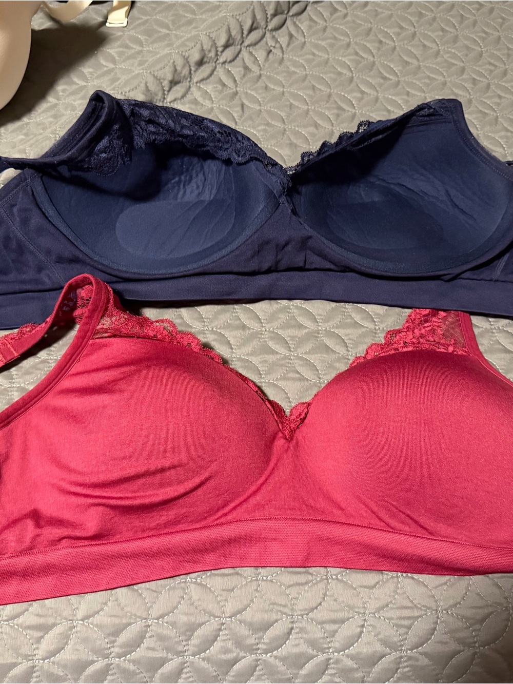 Ambrielle Navy and Berry Lace-Trim Wireless Bra Duo